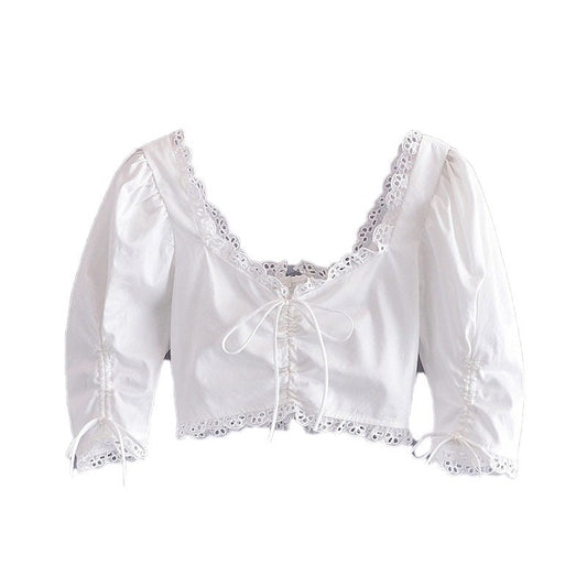 Cottagecore Clothing, Lace Trim White Crop Blouse - Fairycore Aesthetic, Vintage V-Neck Puff Sleeve Blouse - Delicate Parisian Style Top