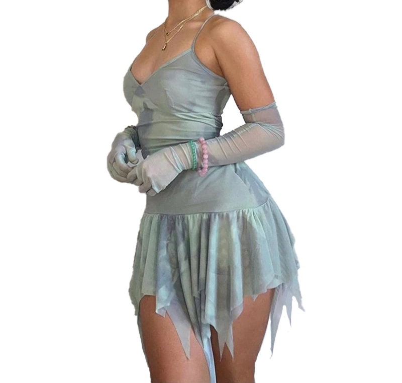 Fairycore Clothing, Vintage Tie Dye Print Mini Dress - Y2K Aesthetic, Fairy Grunge V Neck Backless Sundress - Women Dress With Gloves