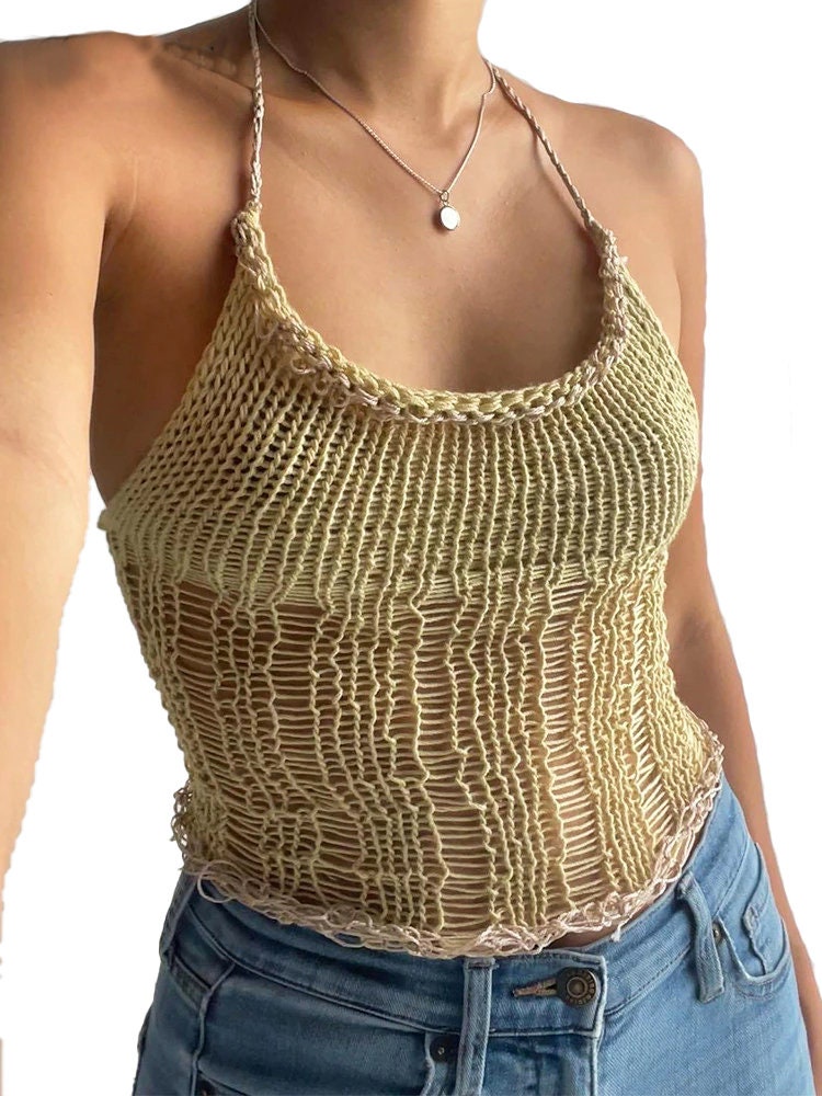 Y2k Knitted Crop Top - Boho Aesthetic, Halter Neck Sleeveless Tank Top - Women Backless Spaghetti Strap Camisole