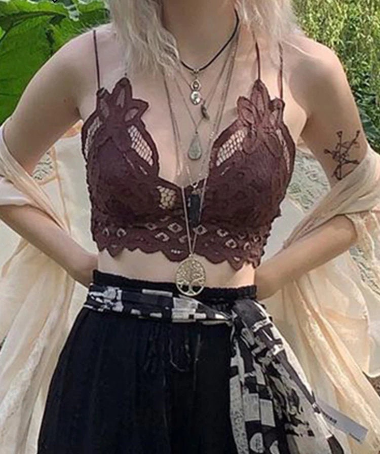 Grunge Fairycore Lace Crop Top - Cottagecore Aesthetic, Women Backless V-Neck Camis - Vintage Chic Sleeveless Mini Vest