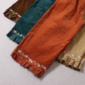 Retro Floral Embroidery Hem Wide Leg Pants | Cottagecore Aesthetic | Elastic Waist Corduroy Casual Pants | Women Floral Lace Up Pants