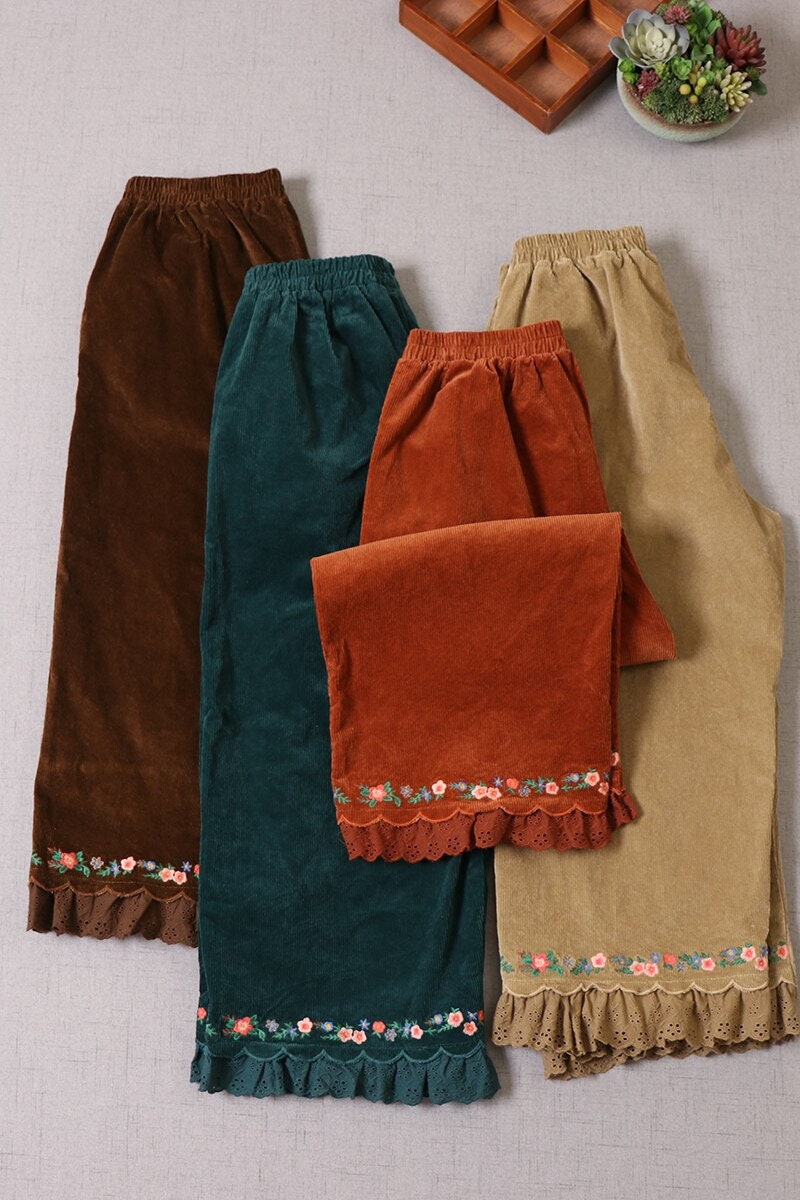 Retro Floral Embroidery Hem Wide Leg Pants | Cottagecore Aesthetic | Elastic Waist Corduroy Casual Pants | Women Floral Lace Up Pants