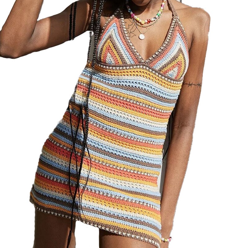 Hippie Style Sleeveless Bodycon Mini Dress - Y2k Aesthetic Backless Color Striped Slim Dress - Women Halter Neck Boho Dress