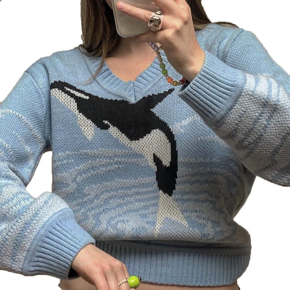 Orca Whale Cottagecore Sweater - Trendy Long Sleeve V-Neck Boho Sweater - 90's Vibes Aesthetic Knitted Pullover