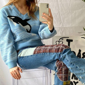 Orca Whale Cottagecore Sweater - Trendy Long Sleeve V-Neck Boho Sweater - 90's Vibes Aesthetic Knitted Pullover