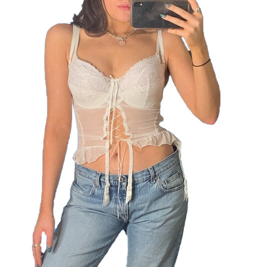 Romantic Chic Crop Top - Vintage Lace Up Ruffle Hem Cottagecore Top - Women Boho Camisole | aesthetic clothing, boho aesthetic, cottagecore clothing, cottagecore fashion, darkcottagecore, fairycore aesthetic, goblincore clothing, grunge clothing, indie clothing, prairie clothing, vintage clothing, women clothing, y2k aesthetic | Moon and Cottage