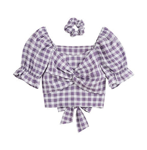 Cottage Chic Plaid Blouse With Scrunchie Set - Belle Puffy Half Sleeve Boho Crop Top