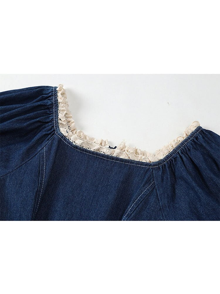 Vintage Chic Blue Denim Dress - Cottagecore Aesthetic, Women Puff Sleeve Lace Detail Dress - Vintage Drawstring Lace Up Dress