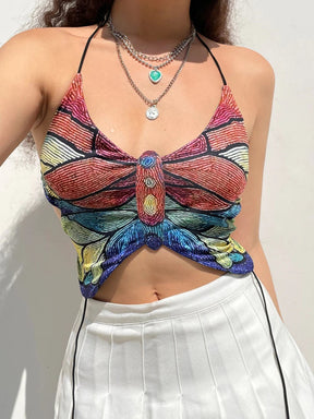 Vintage Tie Up Fairycore Camis - Y2k Aesthetic, Butterfly Shape Print Backless Crop Top - Women Sleeveless Boho Camisole