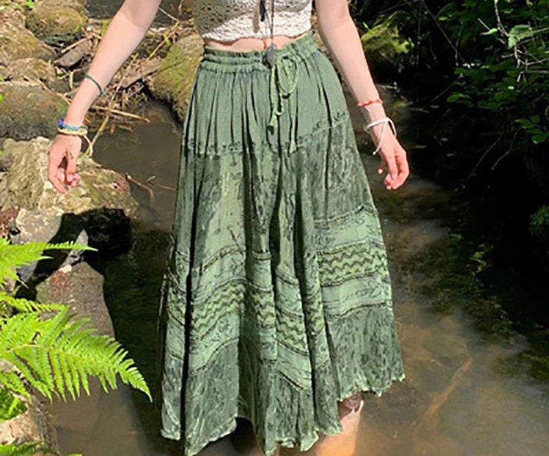 Grunge Fairycore Maxi Skirt - Indie Clothing, Vintage Chic Printed Drawstring E-Girl Skirt - Women A-Line Casual Boho Skirt