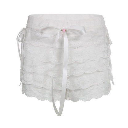 Y2K White Lace Floral Shorts, Cottagecore Aesthetic, Ruffles Low Waisted Slim Fairycore Pants, Women Homewear White Shorts