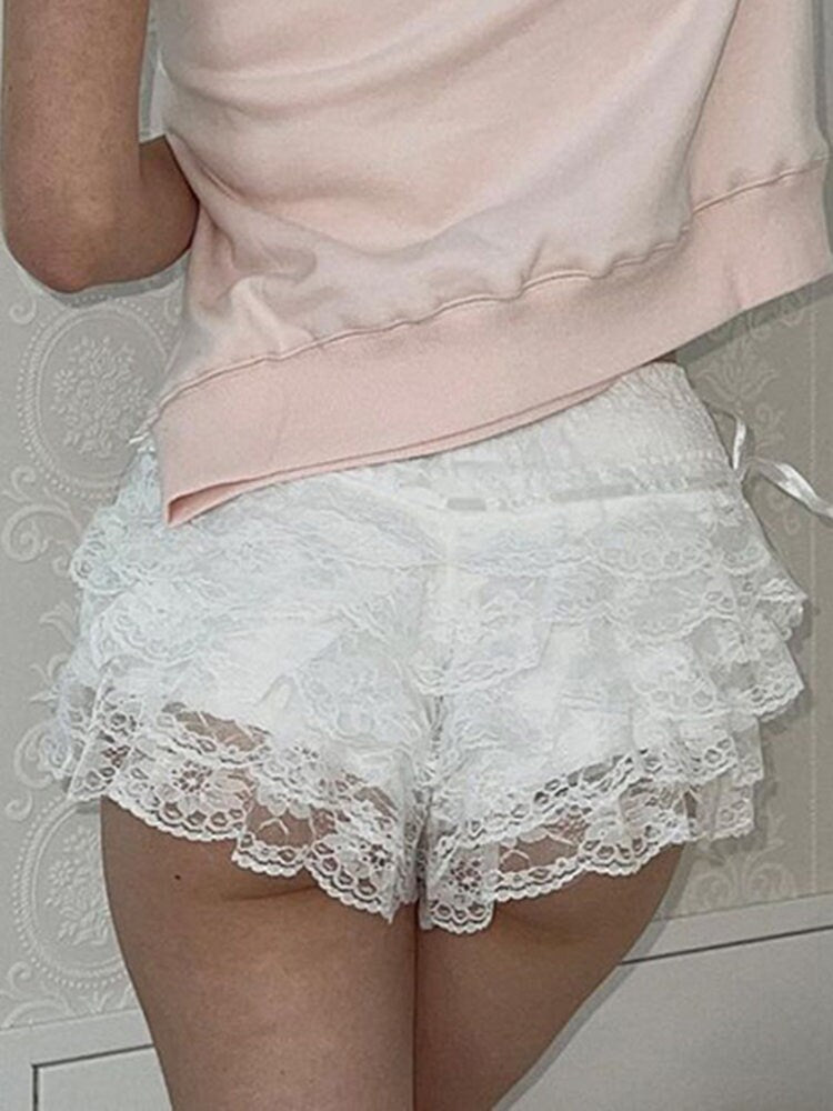 Y2K White Lace Floral Shorts, Cottagecore Aesthetic, Ruffles Low Waisted Slim Fairycore Pants, Women Homewear White Shorts