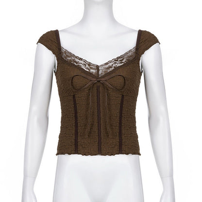 Cottagecore Brown Lace Crop Top, Fae Aesthetic, Square Collar Bow T-Shirt, Vintage Short Sleeve Halter Tee, Women Stretchy Tank Top