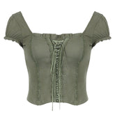 Cottagecore Green Lace Crop Top, Trim Square Collar Short Sleeve T-Shirt, Women Ballet Core Chic Fairycore Tee