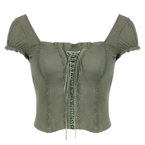 Cottagecore Green Lace Crop Top, Trim Square Collar Short Sleeve T-Shirt, Women Ballet Core Chic Fairycore Tee