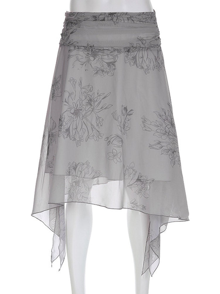 Y2k Floral Folds Midi Skirt, Cottagecore Aesthetic, Asymmetrical Chiffon Skirt, Vintage Ruffles Ballet Core Skirt, Patchwork A-Line Skirt