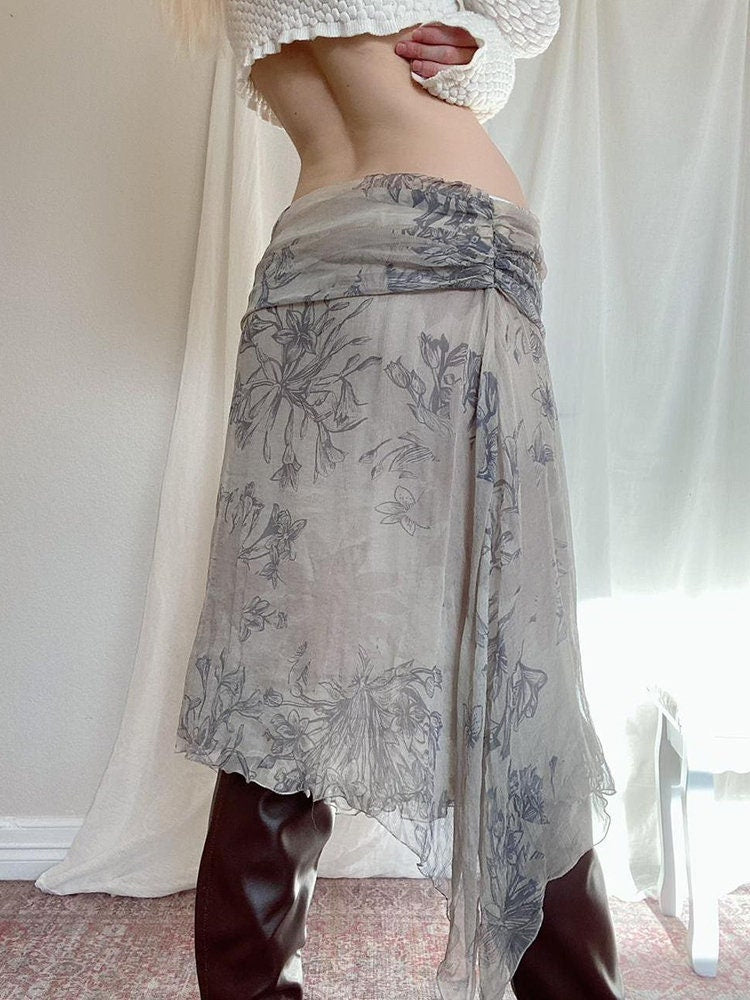 Grunge Fairycore Floral Midi Skirt, Cottagecore Aesthetic, Asymmetrical Chiffon Skirt, Vintage Ruffles Ballet Core Skirt, A-Line Skirt