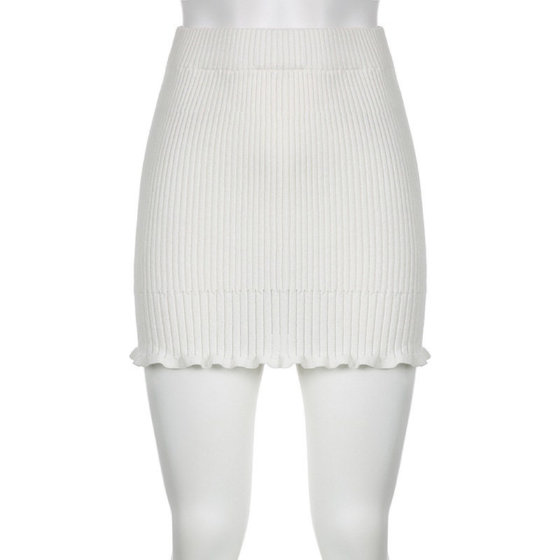 Y2k White Knitted Mini Skirt, Princesscore Aesthetic, Balletcore Slim Fit Pleated Skirt, Fashionable Stretchy Boho Pencil Skirt