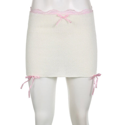 Y2k Kawaii Lace Knitted Mini Skirt, Fairycore Aesthetic, Women Pink Bow Balletcore Pencil Skirt, Fashionable Slim Fit Ruffle Boho Skirt