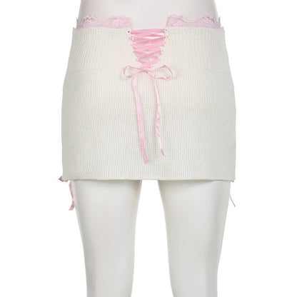 Y2k Kawaii Lace Knitted Mini Skirt, Fairycore Aesthetic, Women Pink Bow Balletcore Pencil Skirt, Fashionable Slim Fit Ruffle Boho Skirt