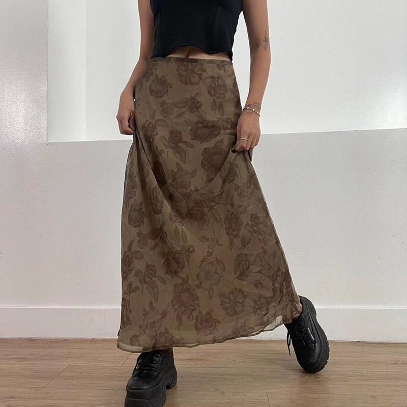 Y2K Floral Pleated Midi Skirt, Grunge Fairycore, Vintage 90s A-Line Long Skirts, Women Loose Fit Mid-Calf Bohemian Skirt