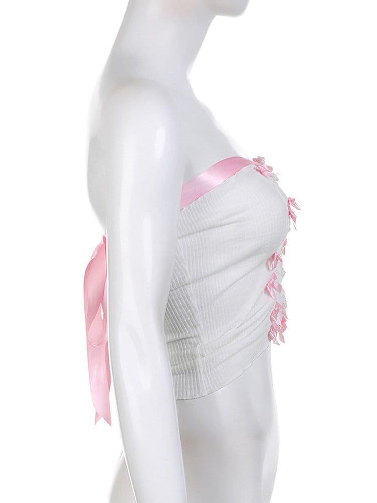 Y2k Pink Bow Crop Top, Princesscore Aesthetic, White Knitted Bandage Tube Top, Women Strapless Tie Up Mini Vest, Fairycore Backless Tank Top