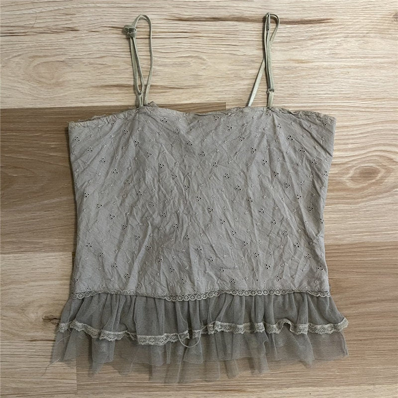 Grunge Fairycore Vintage Sleeveless Cami Top, 90s Aesthetic, Lace Trim Hem Bandage Tank Top, Y2k Retro Front Tie Cropped Top