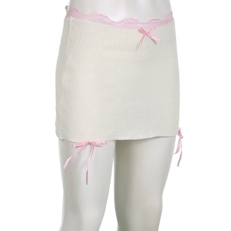 Y2k Lace Knitted Mini Skirt, Fairycore Aesthetic, Women Bow Balletcore Pencil Skirts, Vintage Chic Slim Ruffle Bottom Skirt