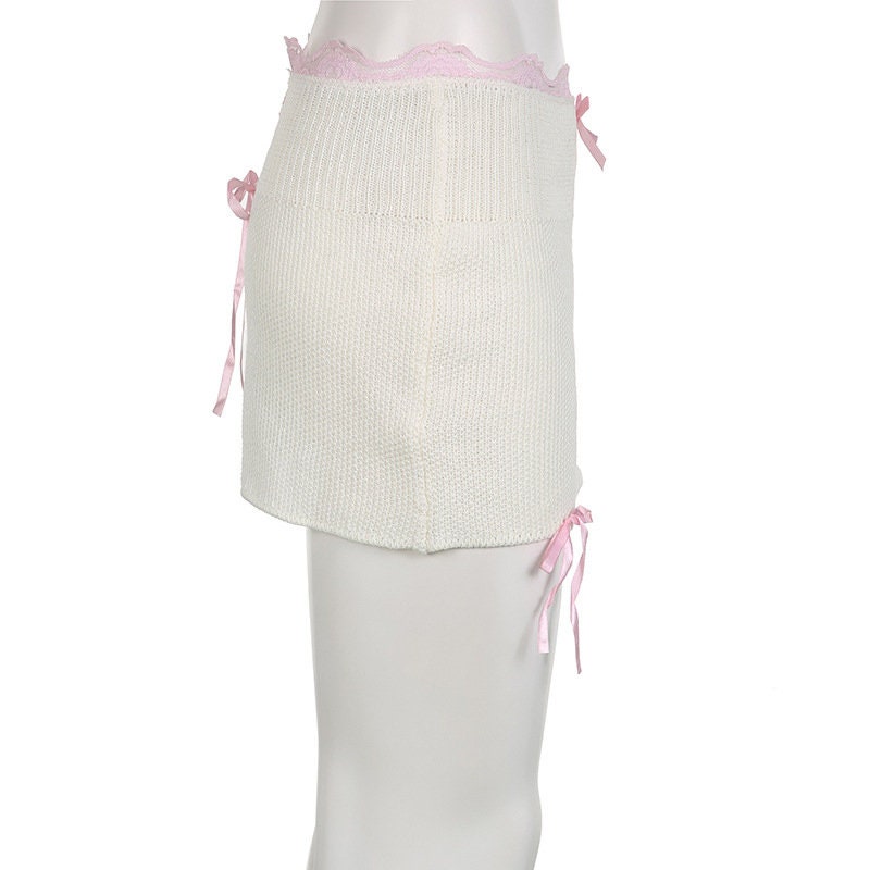 Y2k Lace Knitted Mini Skirt, Fairycore Aesthetic, Women Bow Balletcore Pencil Skirts, Vintage Chic Slim Ruffle Bottom Skirt