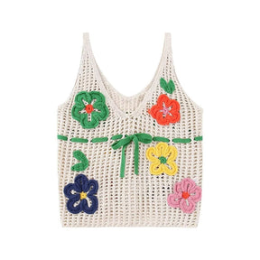 Front Bow Flower Crochet Camisole, Cottagecore Aesthetic, Women V-Neck Pleated Blouse Shirt, Vintage Drawstring Closure Boho Tank Top