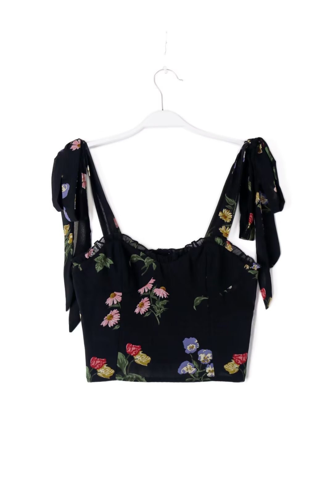 Retro Black Flower Print Bow Strap Camis, Goblincore Aesthetic, Women Ruched Chest Short Tank Top, Sexy Slim Floral Crop Top