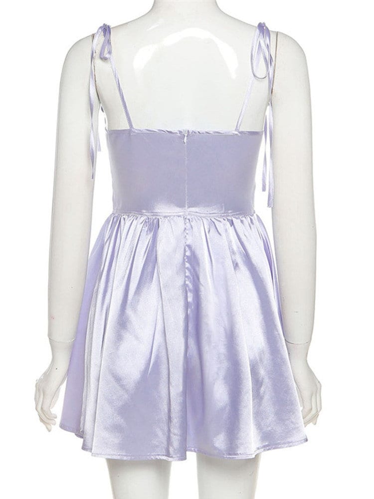 Purple Elegant Satin Corset Dress, Fairycore Aesthetic, High Waist Streetwear Fashion Dress, Casual Spaghetti Strap Short Dress