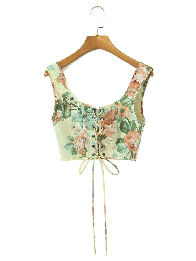 Cottagecore Clothing, Floral Print Crop Top, Women Sleeveless Open Front Boho Tank Top, Sexy Cross Lace Up Bandage Fishbone Slim Camisole