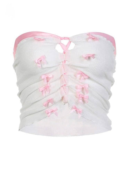 Y2k Pink Bow Crop Top, Princesscore Aesthetic, White Knitted Bandage Tube Top, Women Strapless Tie Up Mini Vest, Fairycore Backless Tank Top